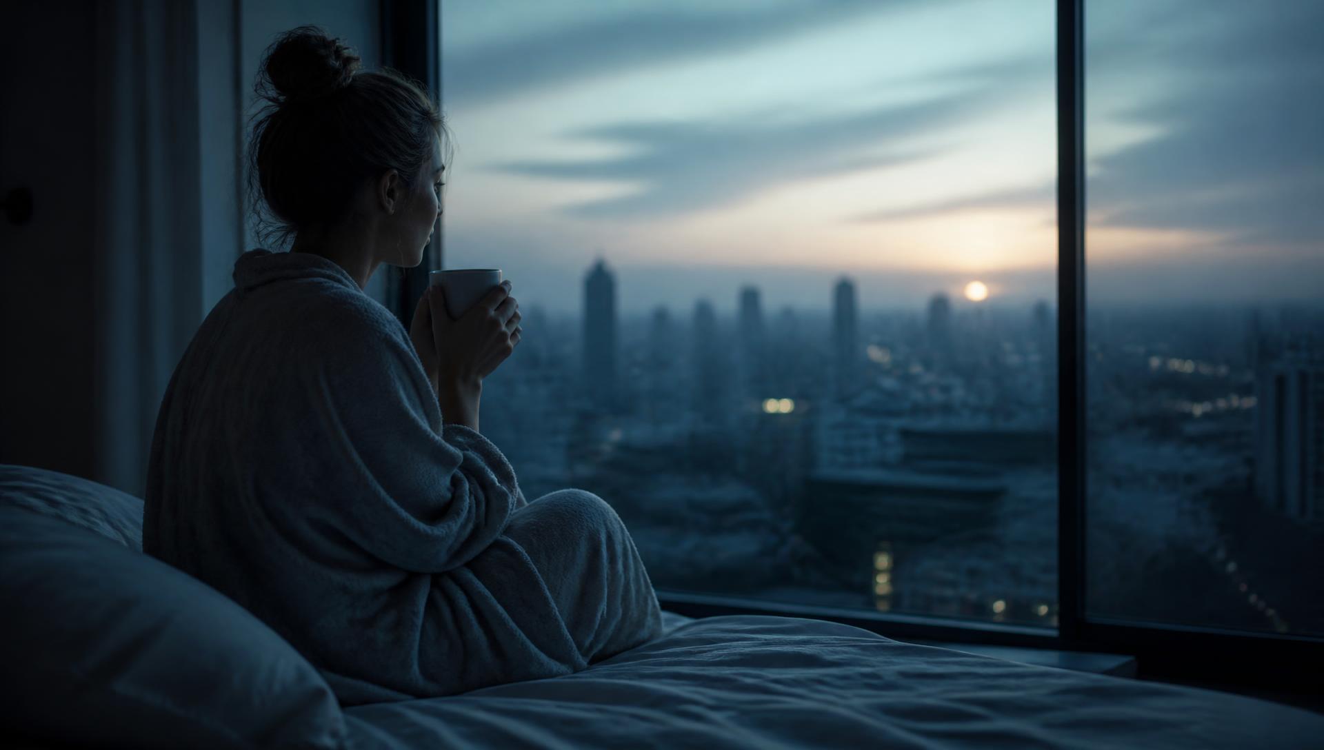 A woman wrapped in a blanket sitting on her bed at dawn, holding a mug and looking out the window