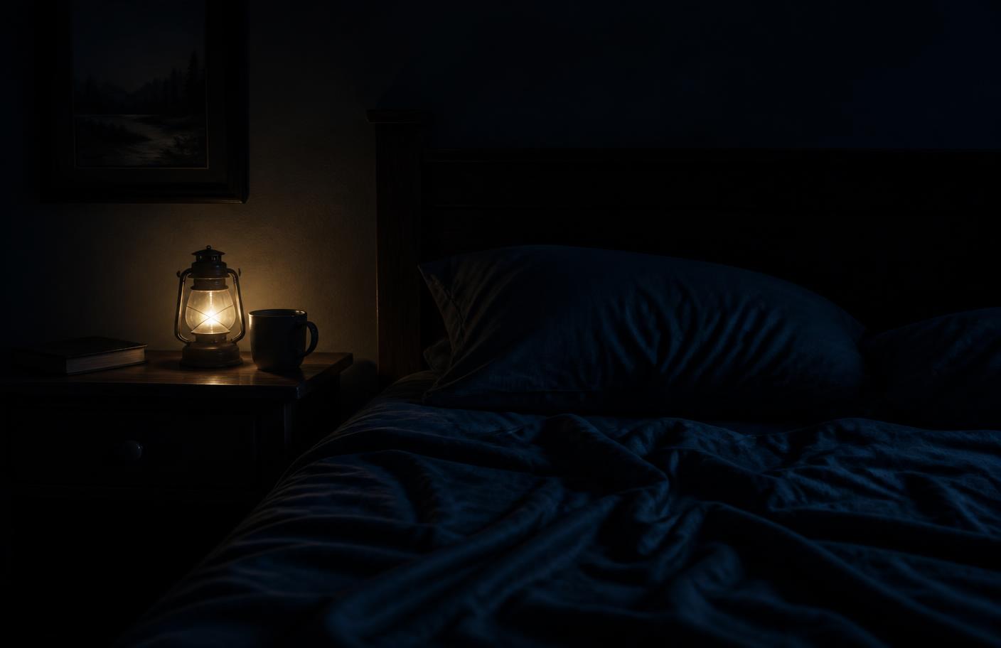 A lantern glowing on a nightstand beside an empty bed at night